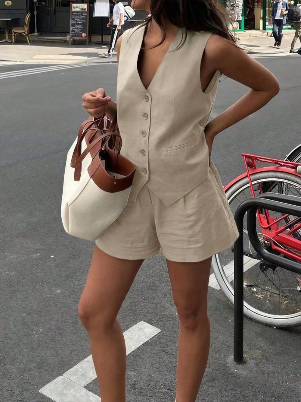 Khaki Casual Women's Vest And Shorts Set - Picture 3 of 5